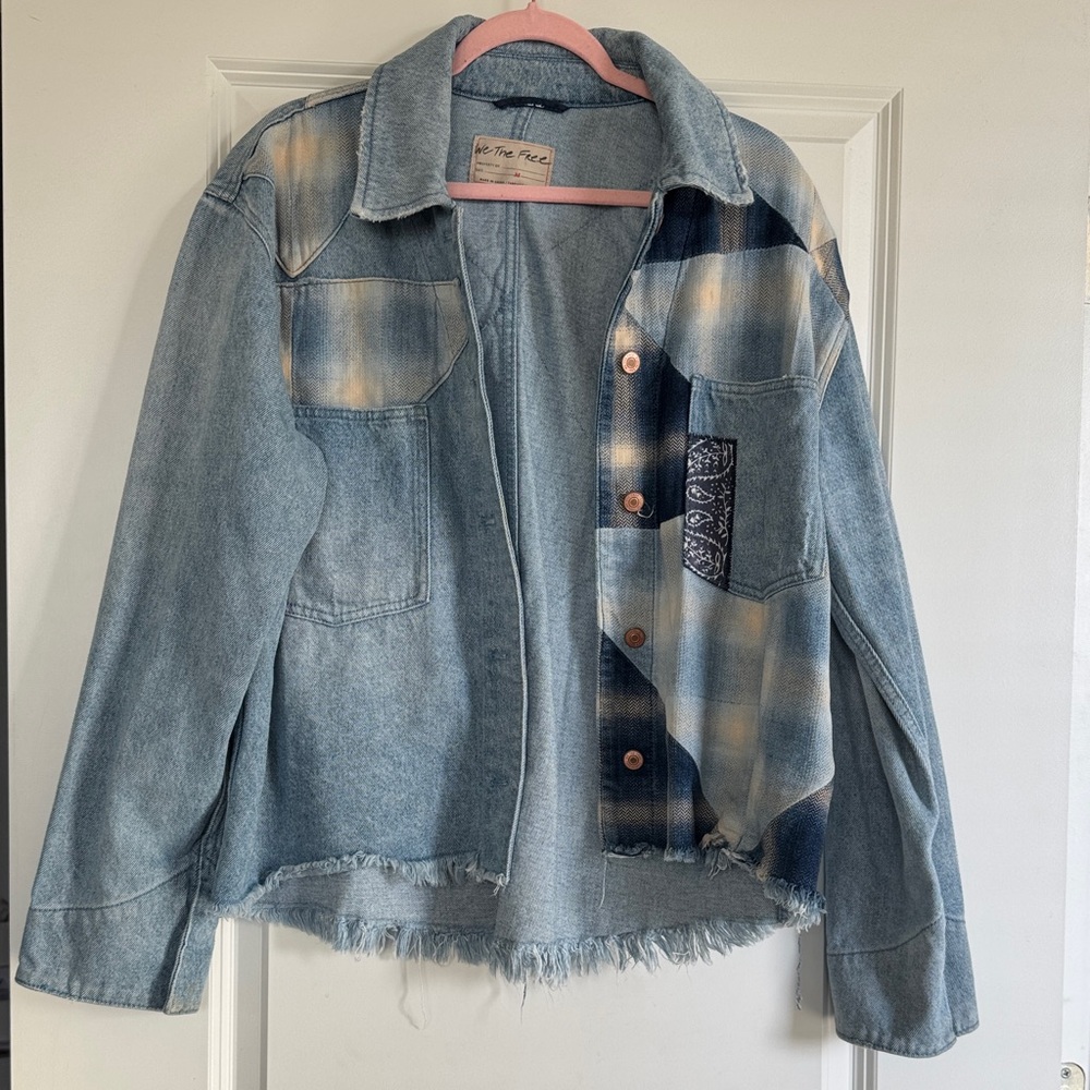 We The Free Blue Denim Jacket with Plaid Accents